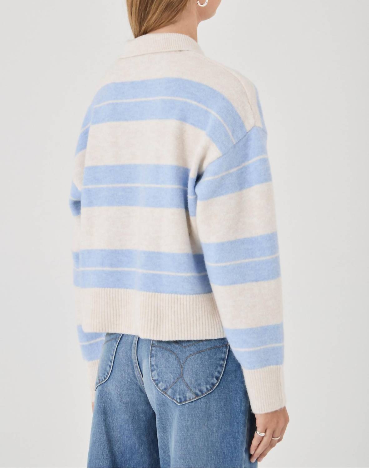 ROLLA'S Sofia Stripe Polo Sweater in soft blue ivory - women's sweater - detail view