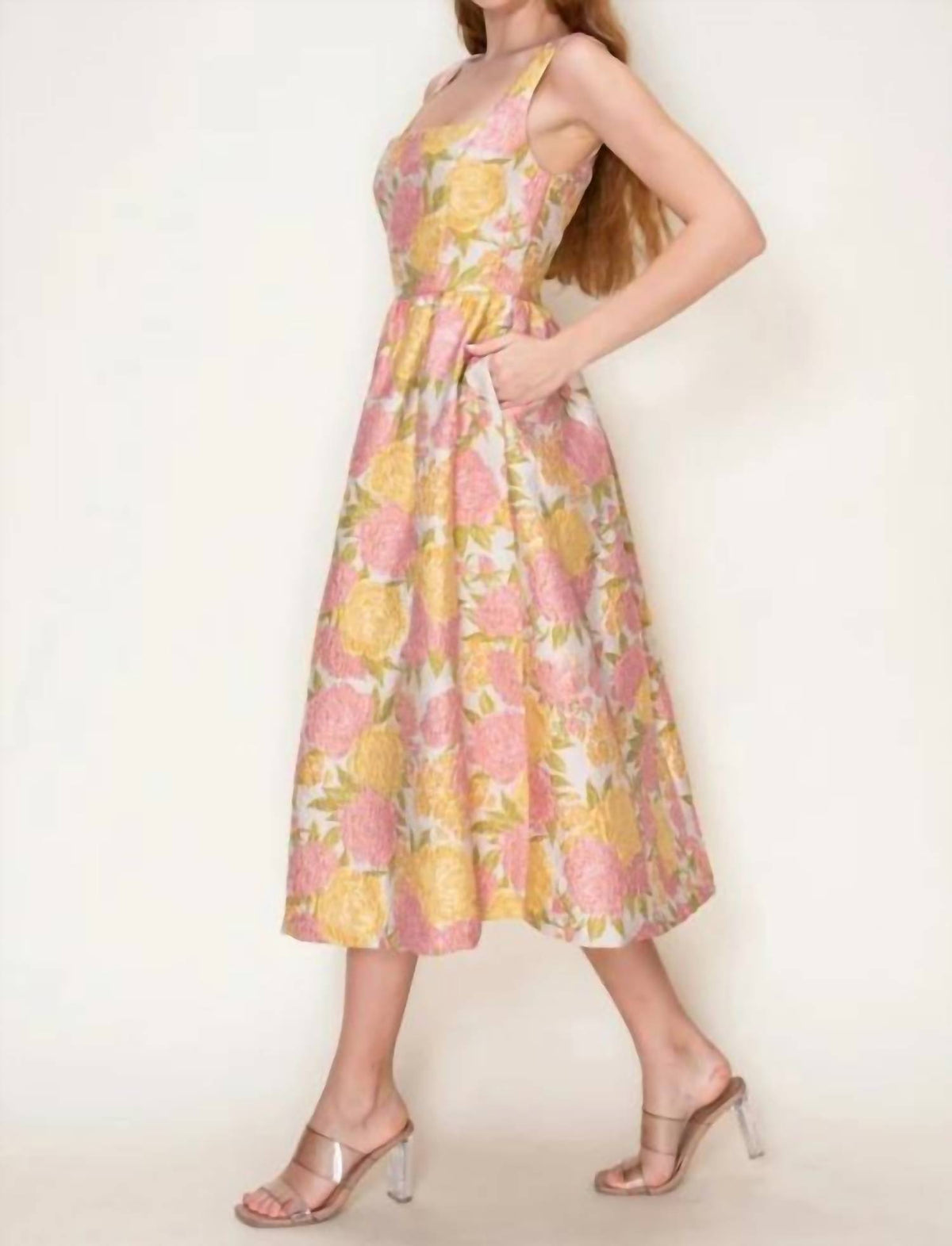 B.Right - Floral Jacquard Square Neck Midi Dress