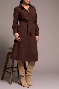 Tribal - Faux Suede Belted Long Sleeve Midi Dress