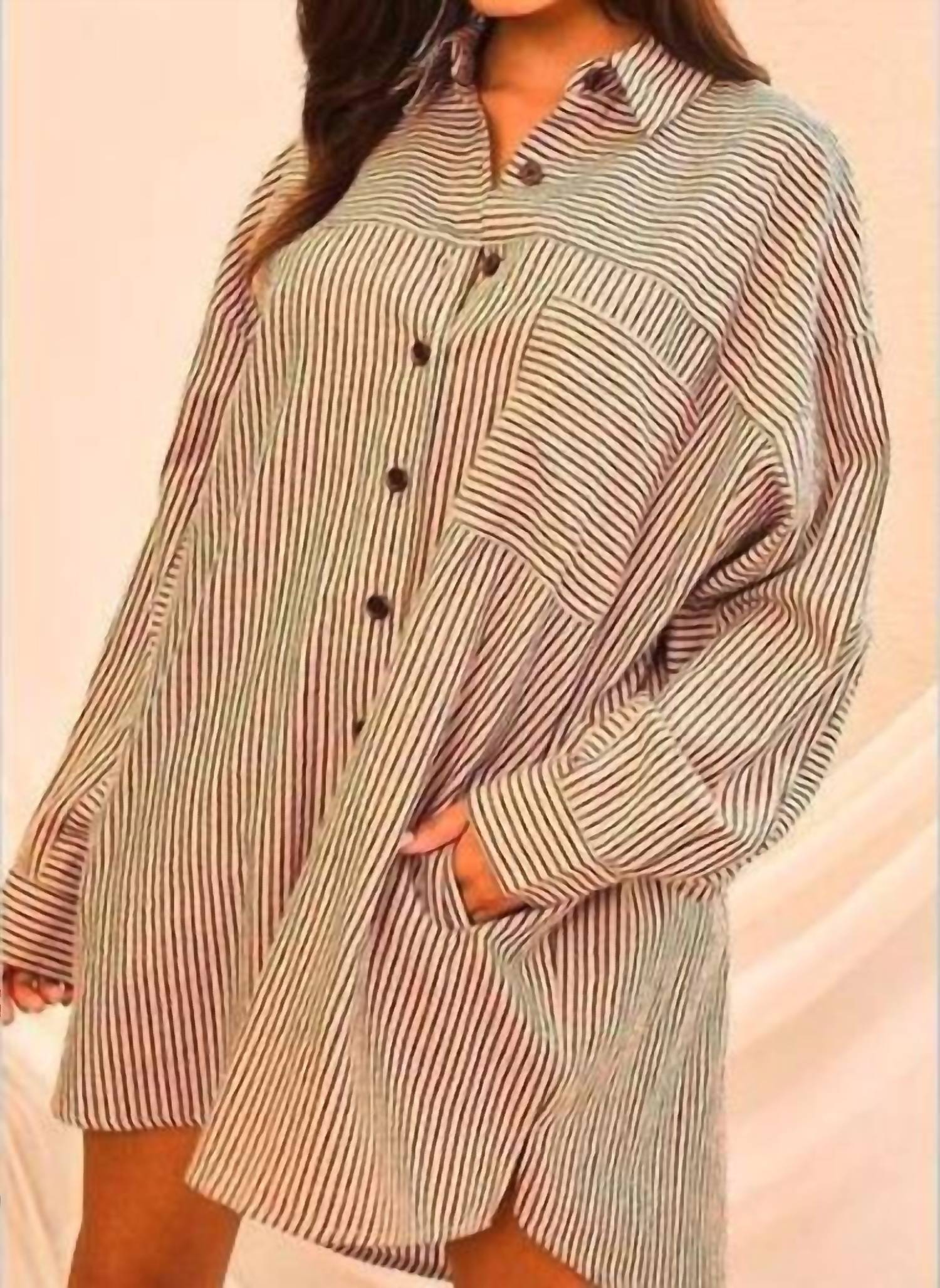 Main Strip - Collar Neck Stripe Print Shirt Mini Dress