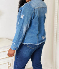 Baeful - Floral Distressed Raw Hem Denim Jacket