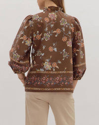 entro Ruffle Neck Shirt in brown pink floral - women's blouse - view 4