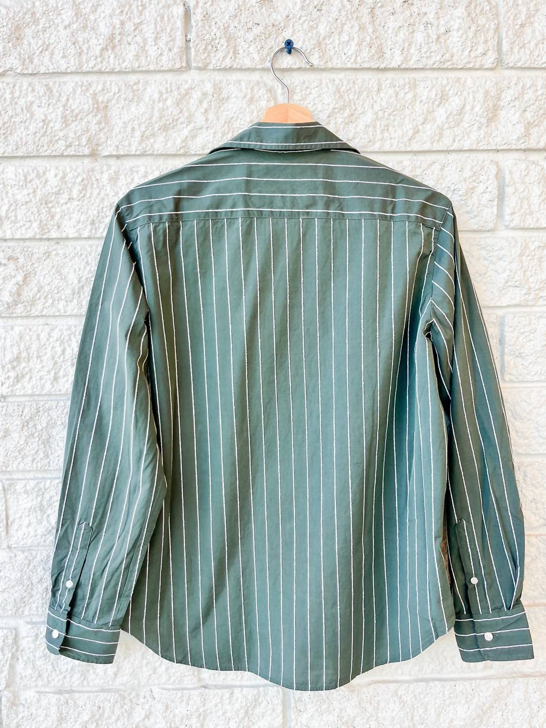 Frank & Eileen Women's Eileen Relaxed Button Up Shirt in green white textured stripe - women's shirt - alternate view