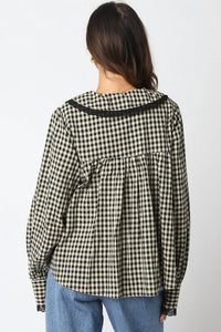 OLIVACEOUS Lace Trimmed Gingham Button Down Shirt in black - women's blouse - detail view