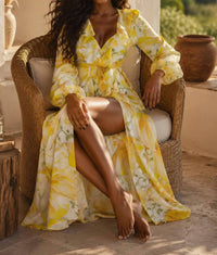 Surelymine - Floral Maxi Dress With Long Sleeves And Open Back
