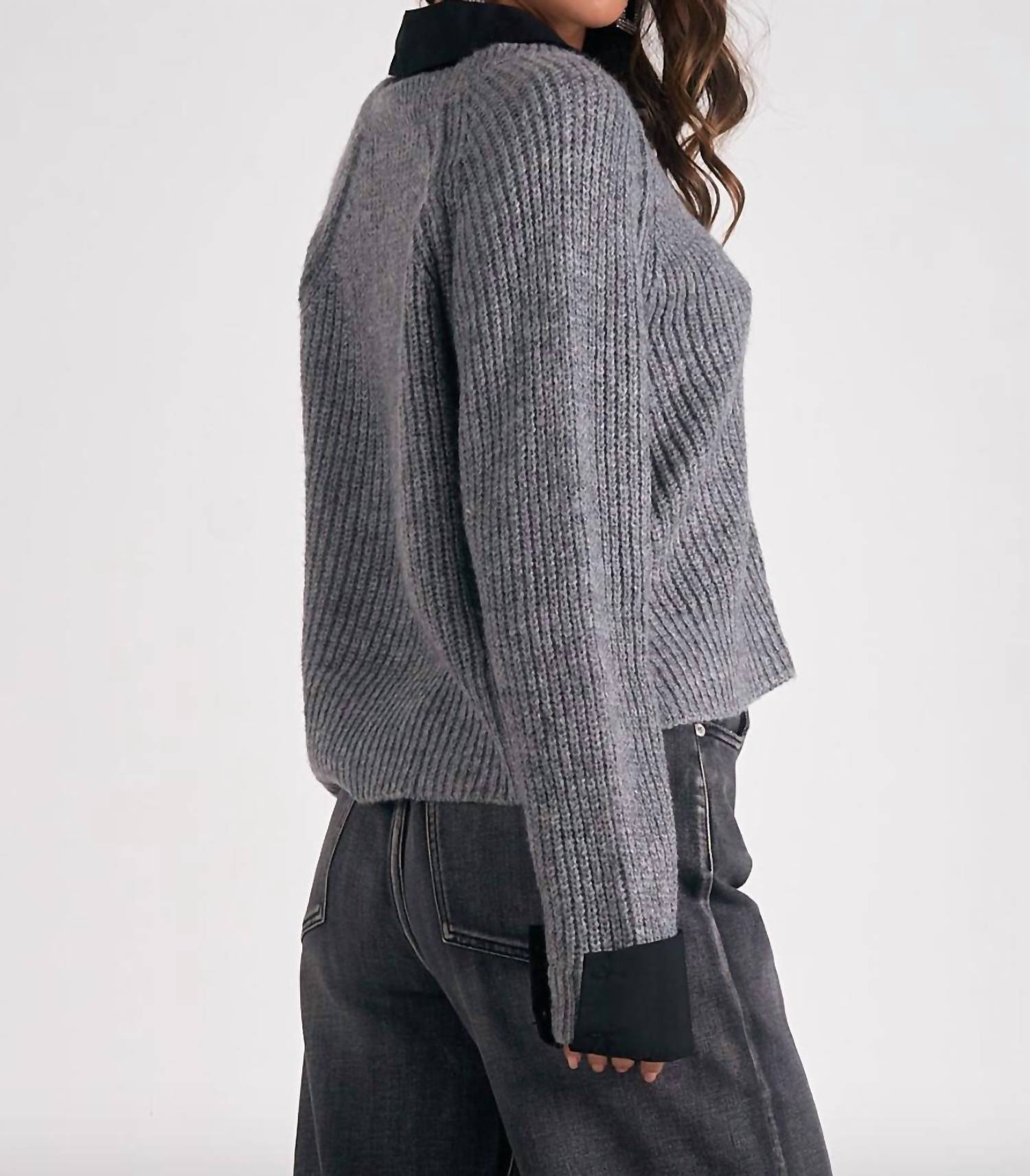 ELAN V-neck Sweater With Collar in grey - women's sweater - alternate view