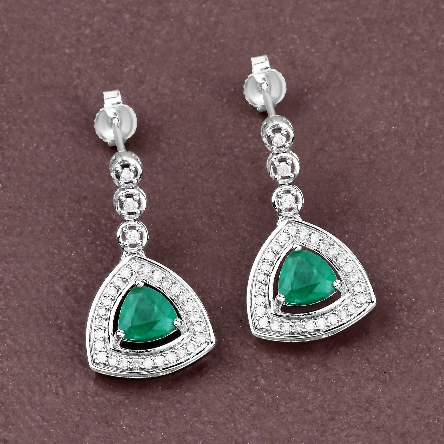 Diana M Jewels Women's Trillion Natural Zambian Emerald Stud Earrings (1.39 Ct) - Petite in 14k white gold - women's jewelry - detail view