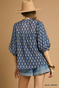 Umgee - Floral Print V-split Blouse - Plus
