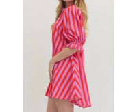 Style USA Striped Puff Sleeve Mini Dress in pink - women's dress - alternate view