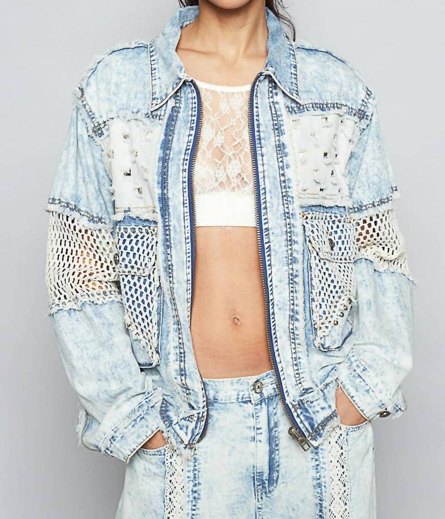 POL Long Sleeve Stud 3d Cargo Pockets Denim Jacket in multi - women's jacket - view 5