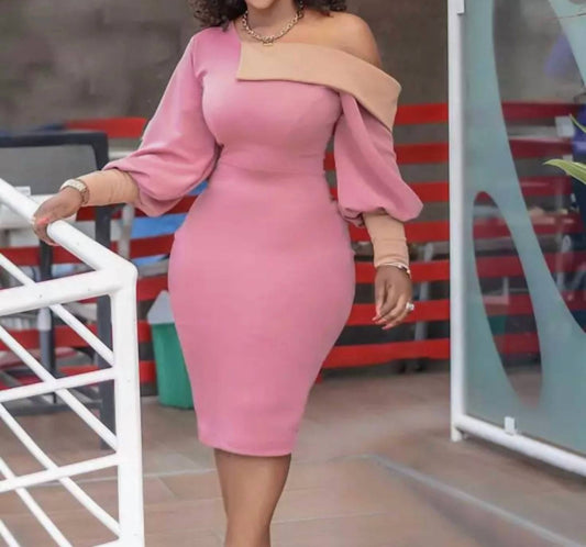 Metamorphosis - Nicole Off Shoulder Contrast Color Block Midi Dress