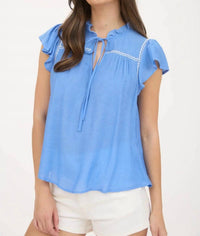 Mine - Embroidery Ruffle Front Tie Top