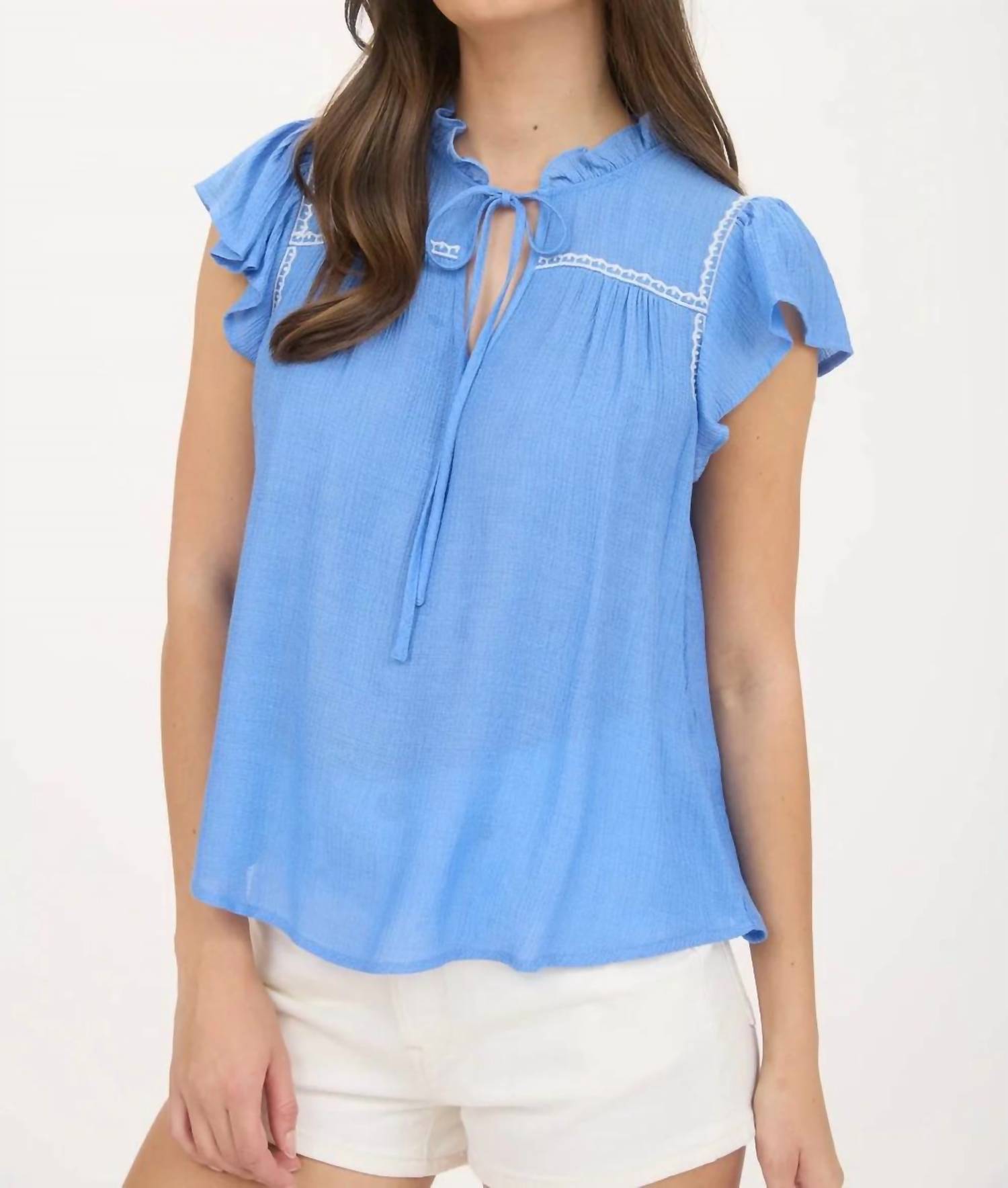 Mine - Embroidery Ruffle Front Tie Top