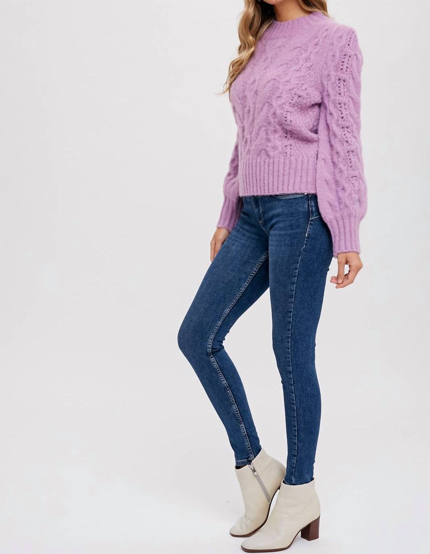 BluIvy Puff Sleeve Cable Pullover in lavender - women's sweater - alternate view