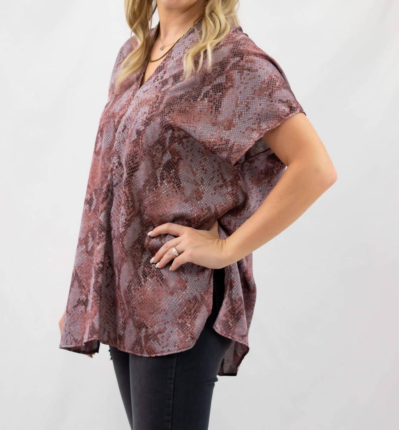 ADRIENNE V-neck Snake Print Top in purple burgundy - women's t-shirt - detail view