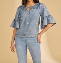 FDJ Ruffle Denim Blouse in blue - women's blouse