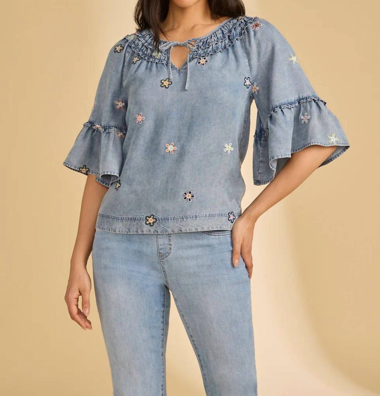 FDJ Ruffle Denim Blouse in blue - women's blouse