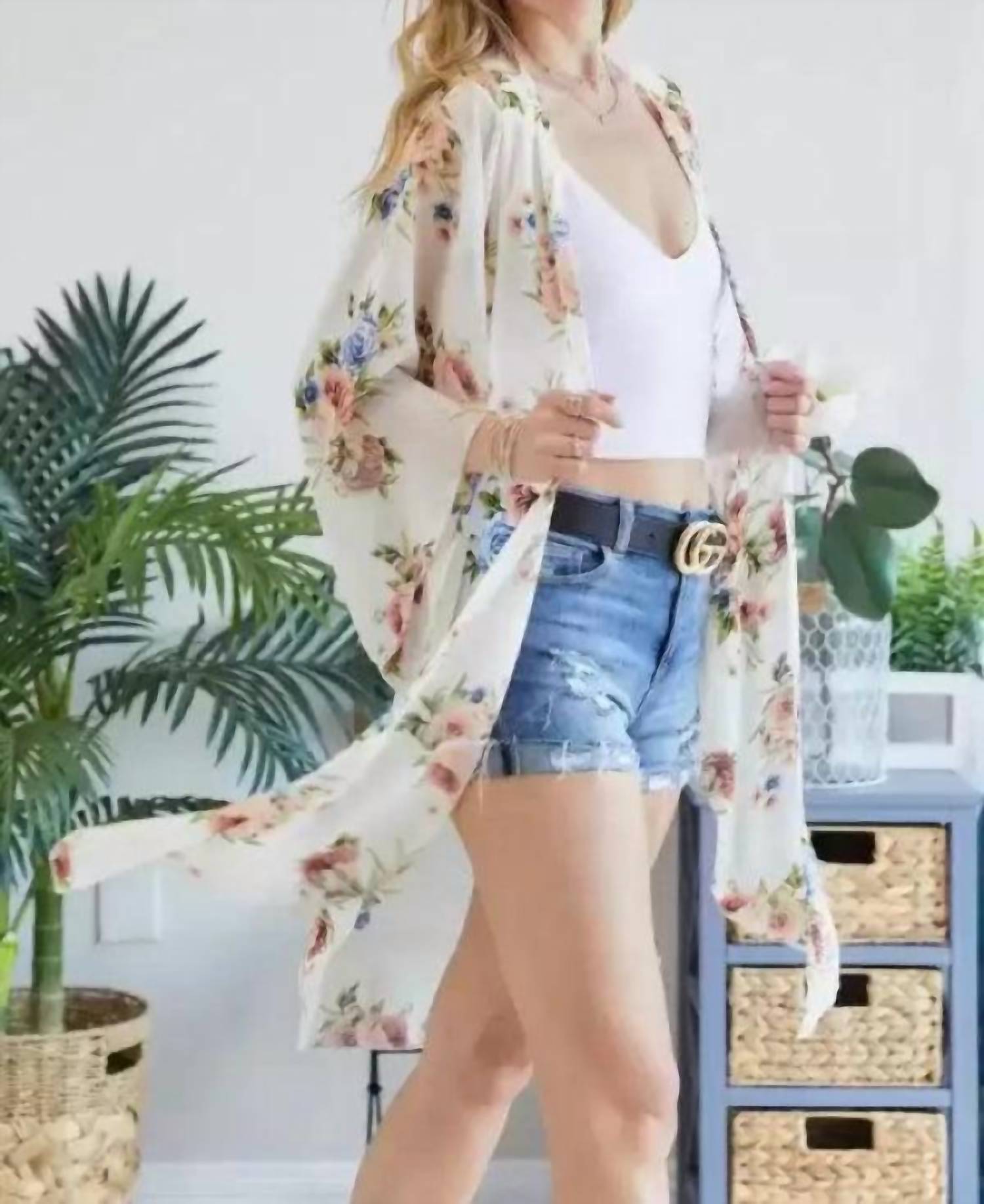 ADORA Chiffon Floral Print Three Fourth Sleeve Kimono in ivory and blue - women's cardigan - alternate view