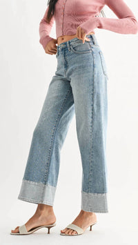 JBD. High Rise Two Toned Slim Wide Leg Jeans in light blue - women's jeans - detail view