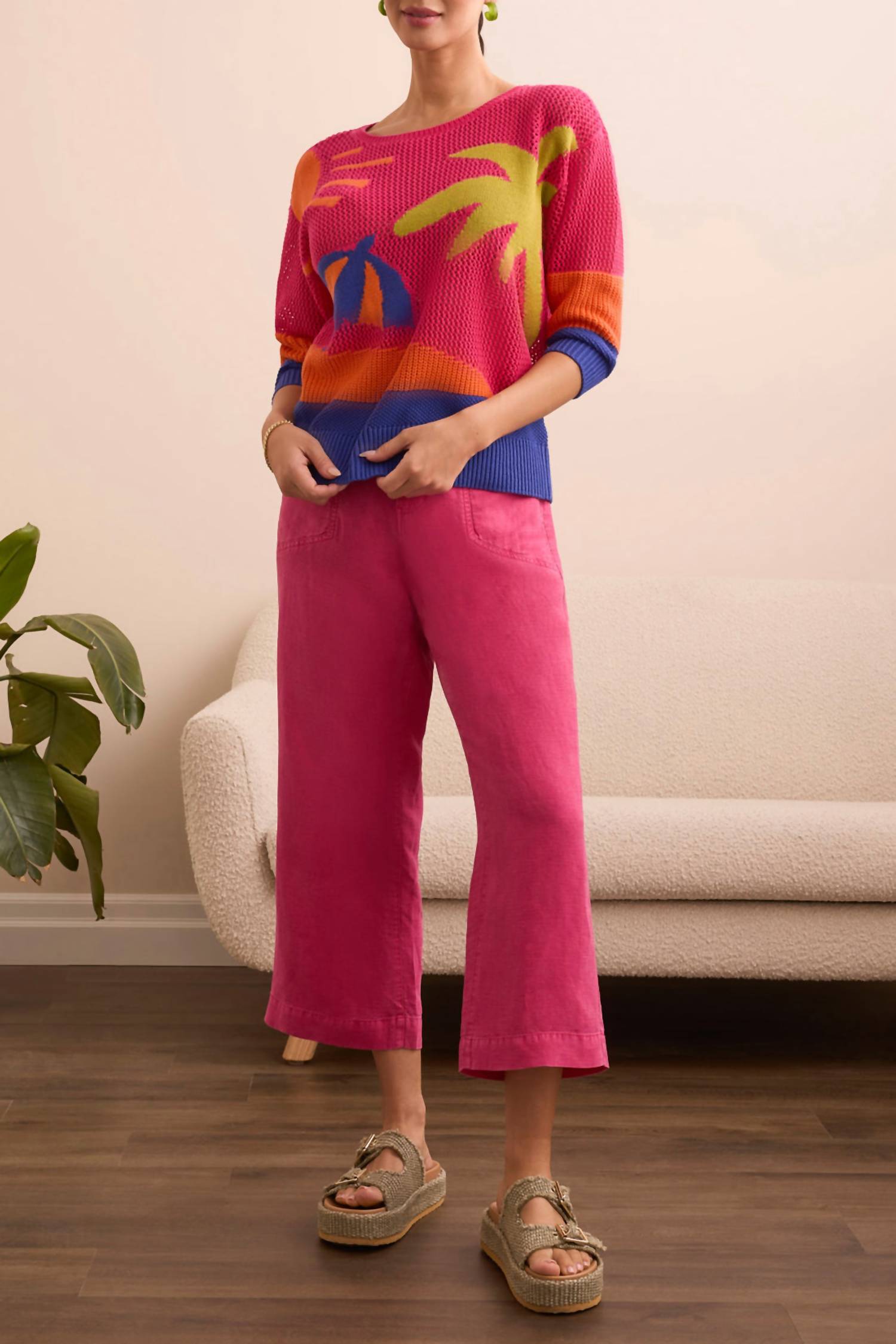 TRIBAL Teya Beach Scene Crochet Sweater in berry - women's sweater - detail view
