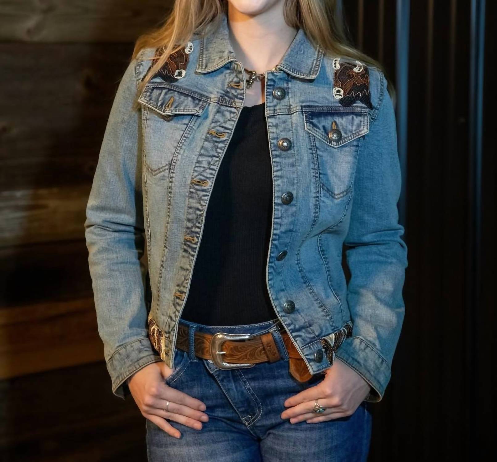 Madison Creek Outfitters Bison Beaded Jacket in aztec denim - women's jacket