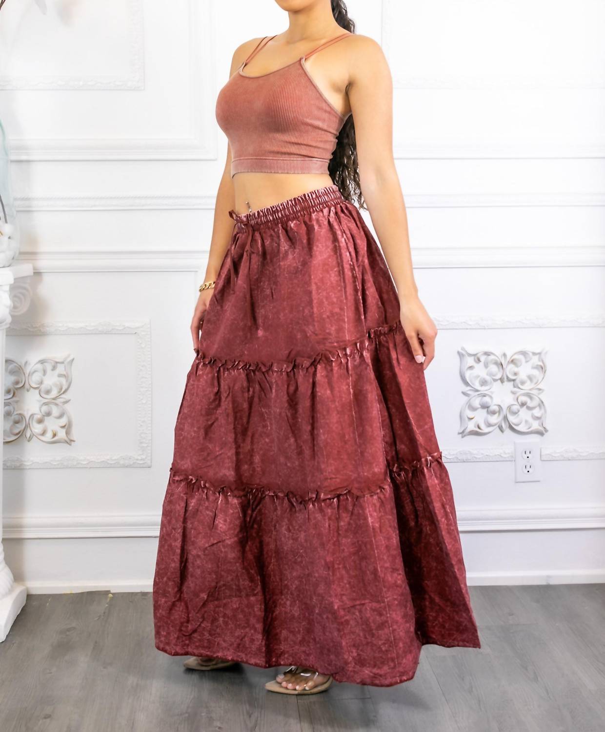 Surelymine - Woven Vintage Washed Maxi Skirt With Ribbed Double Strap Set