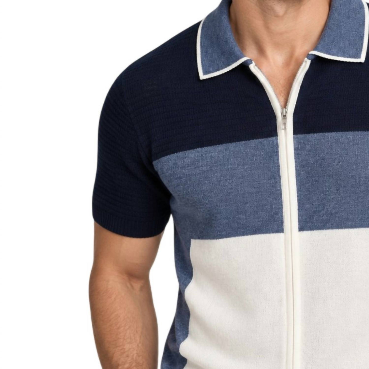 Luchiano Visconti - Full Zip Color Block Light Knit Short Sleeve Polo