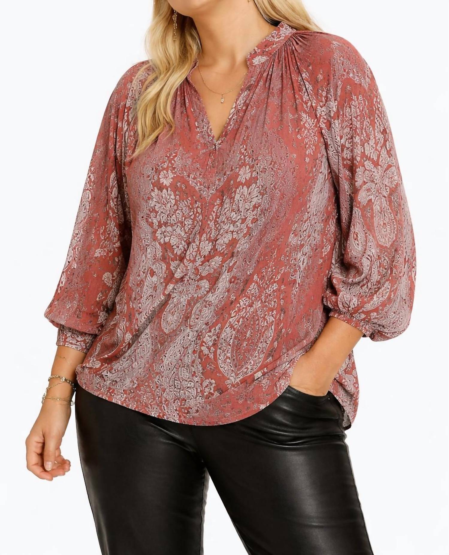 Umgee - Damask Print Velvet Split Neck Top