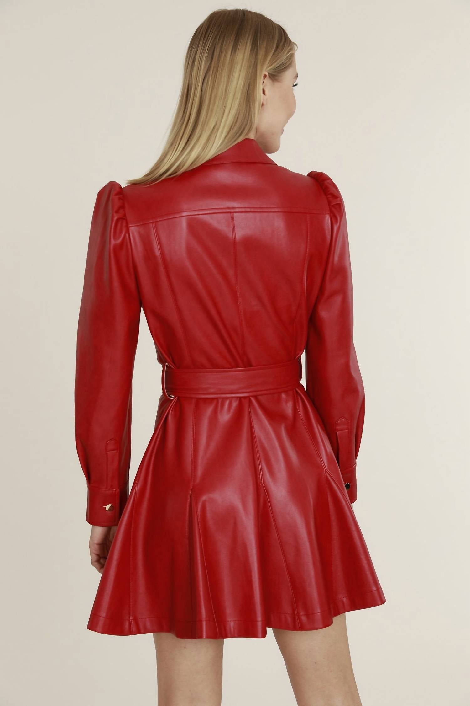 Dolce Cabo - Vegan Leather Puff Shoulder Belted Dress