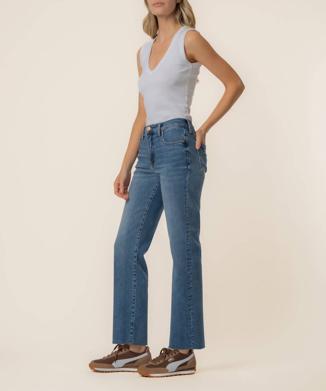 KUT FROM THE KLOTH Avery High Rise Straight Leg Jeans in style wash - women's jeans - detail view