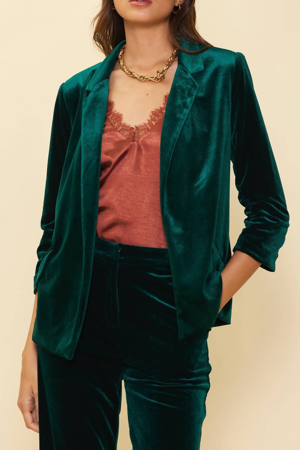 SKIES ARE BLUE Velvet Crush Blazer With Bunched Sleeves in hunter green - women's jacket