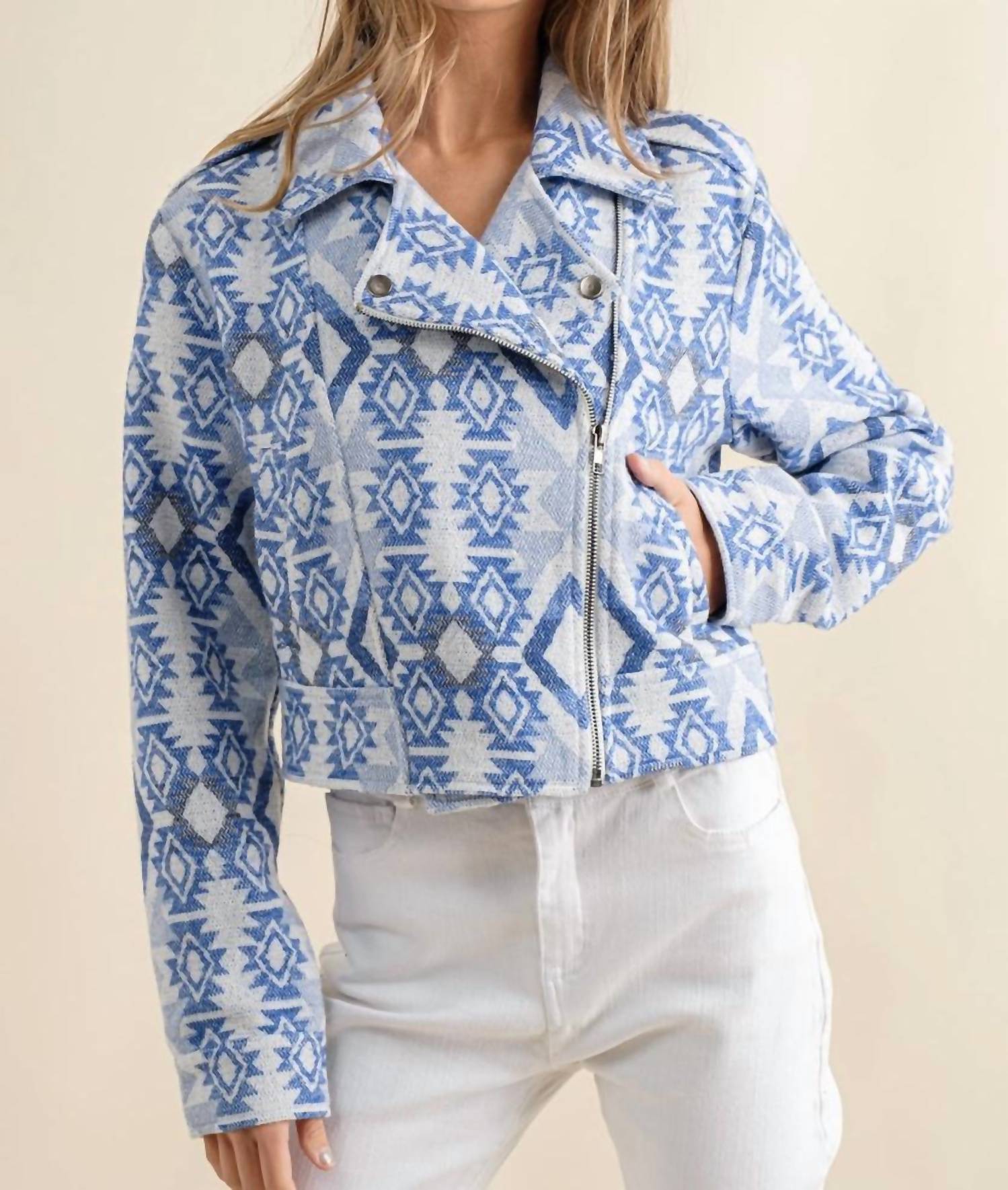 Blue B - Jacquard Aztec Crop Moto Jacket