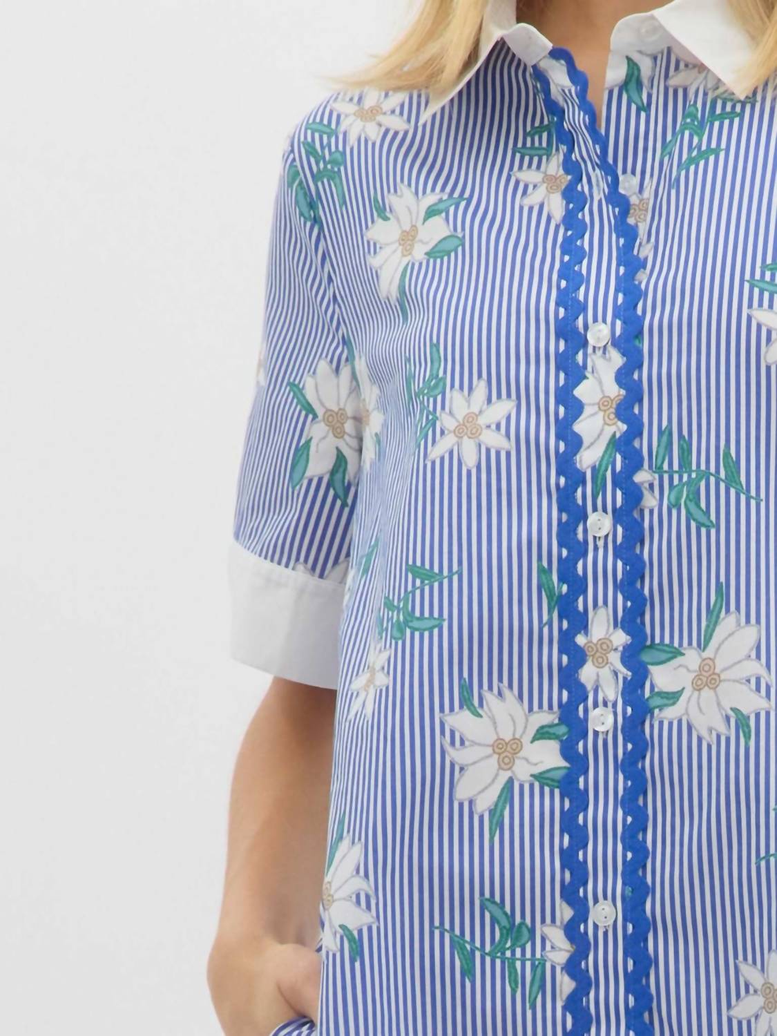 Entro - Striped Floral Print Shirt Mini Dress