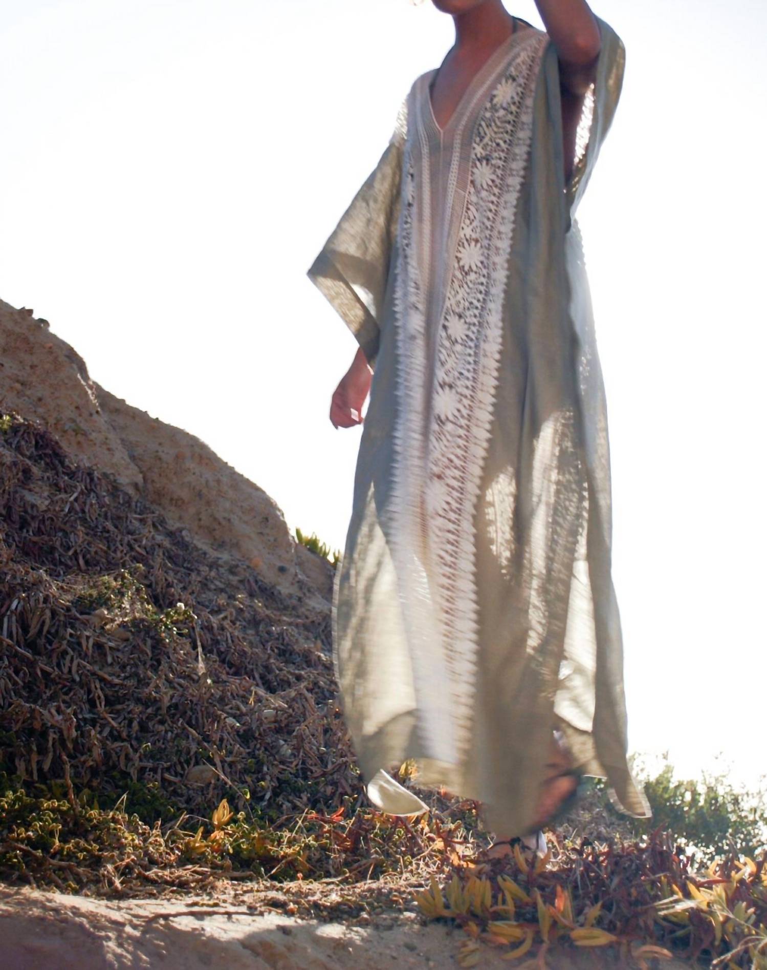 Miguelina - Brea Flower Lace Trim Caftan Maxi Dress