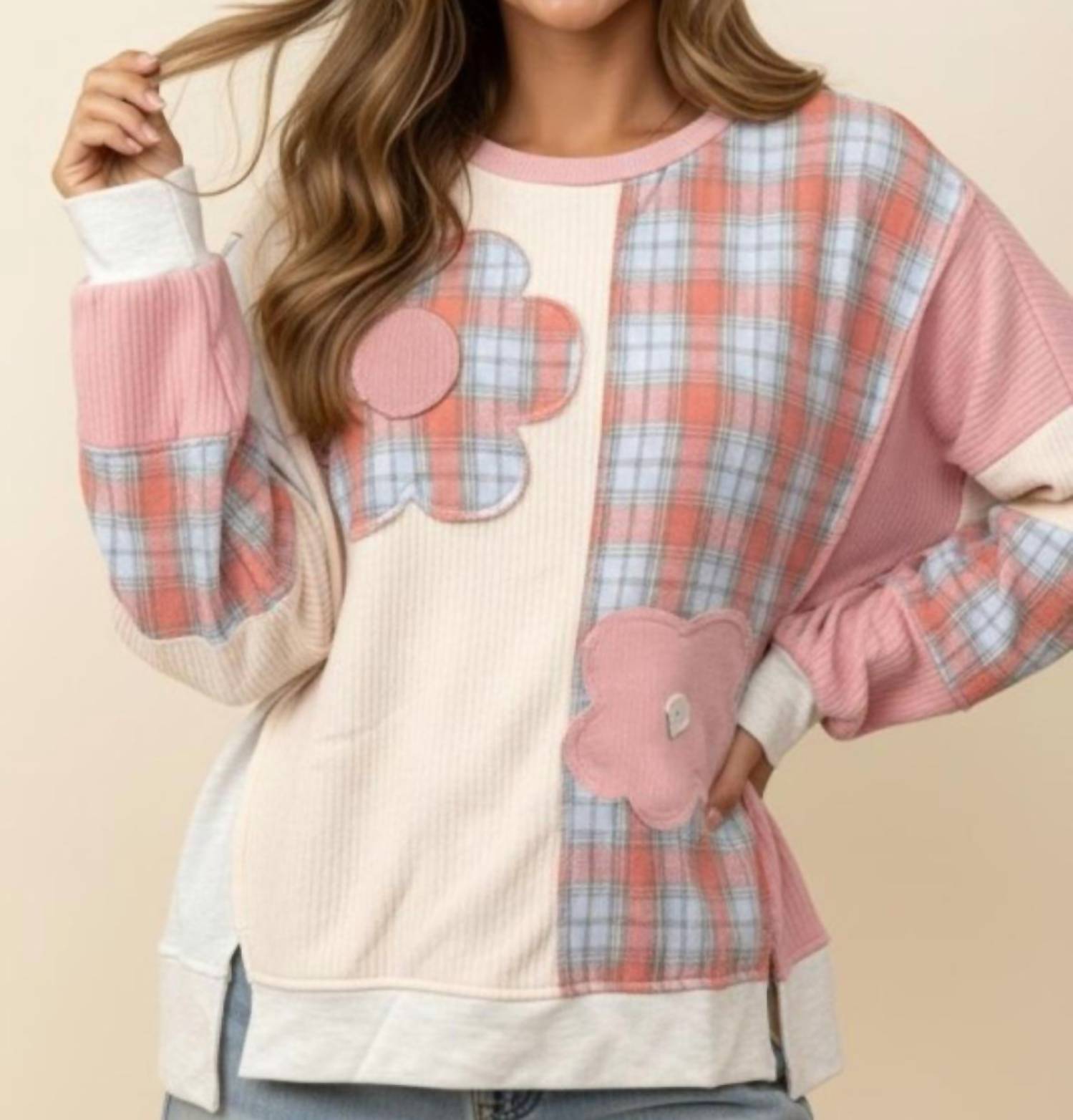 Haptics - Plaid Woven Solid Textured Knit Pullover Sweater