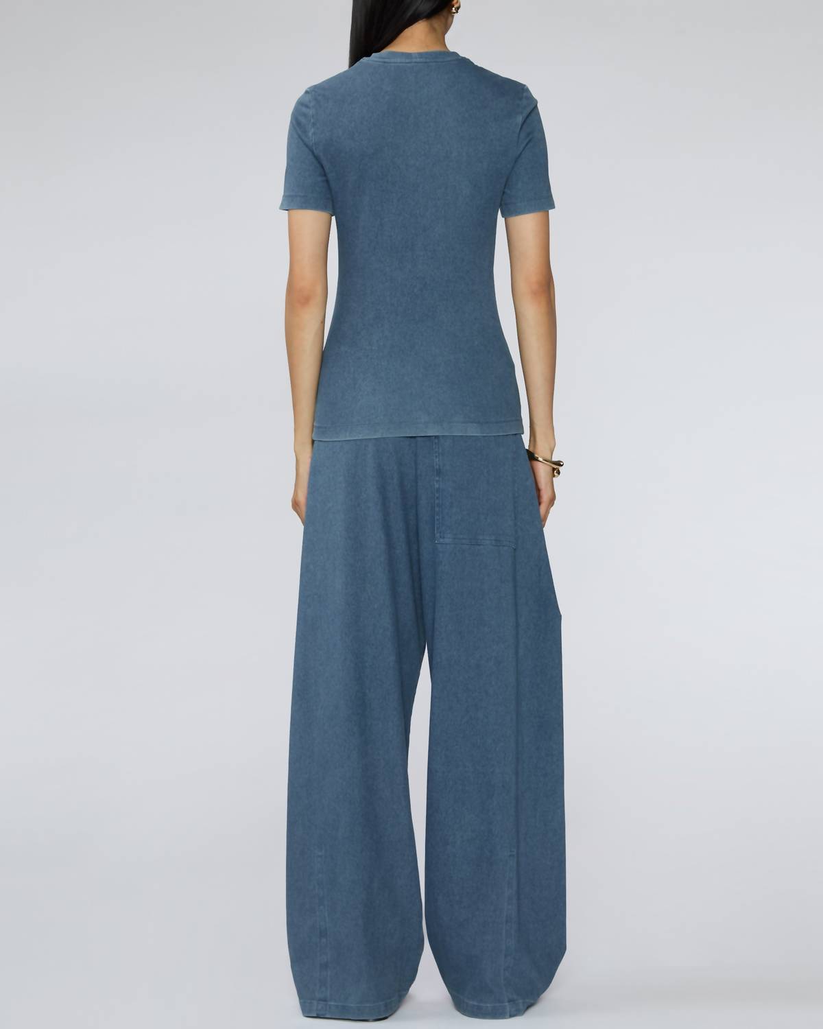 Tibi Stretch Denim Baby Tee in classic wash - women's t-shirt - detail view
