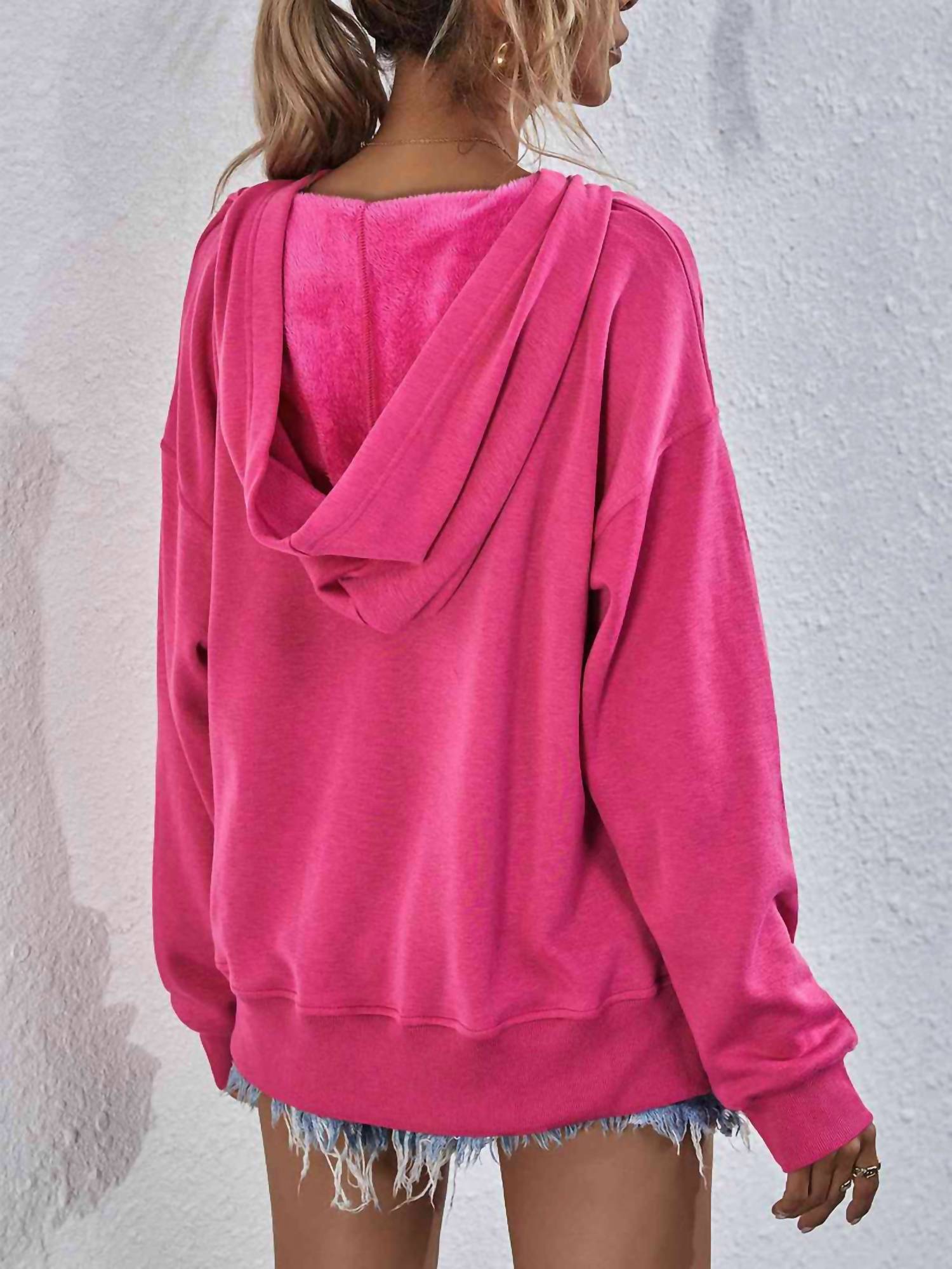 Lily Clothing Fleece Hooded Pullover in hot pink - women's top - detail view