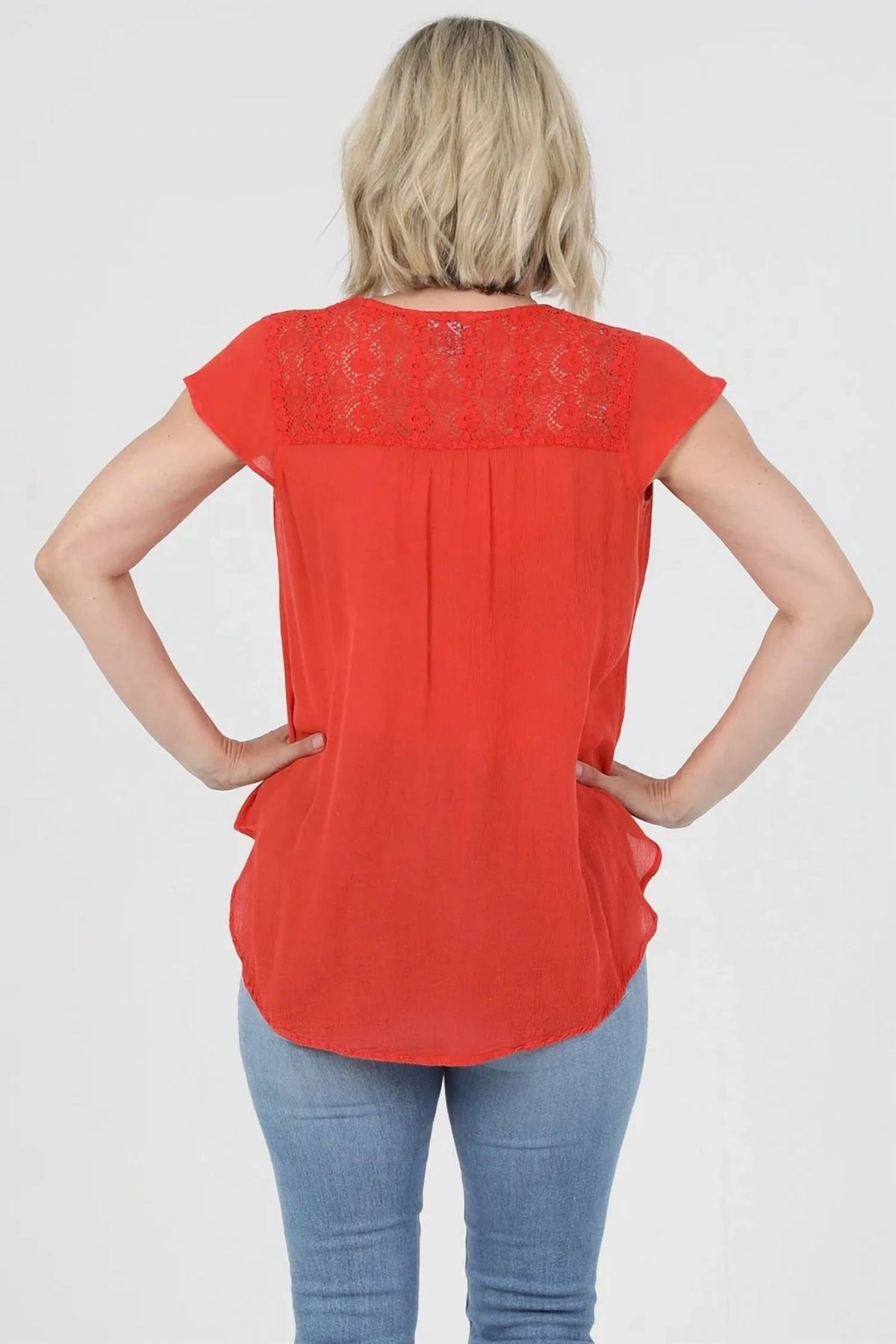 Nostalgia - V Neck Tie Waist Top With Embroidery And Lace