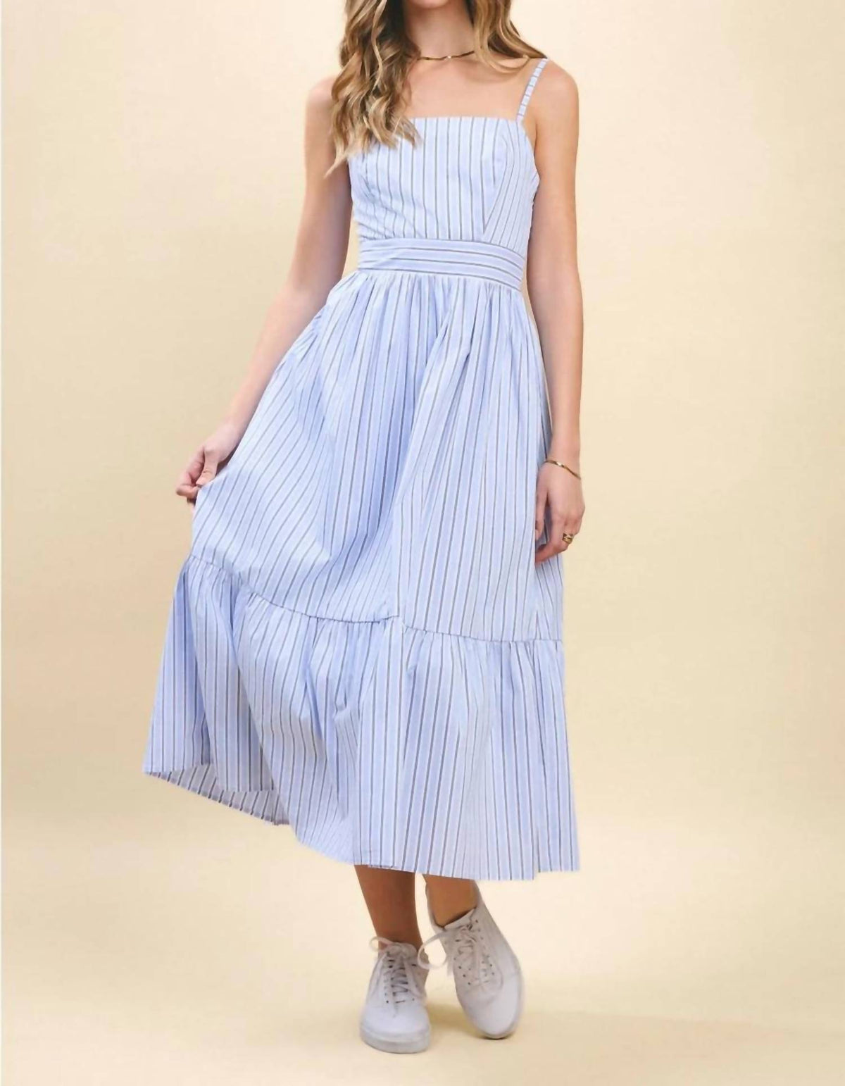 Tcec - Striped Adjustable Spaghetti Strap Midi Dress