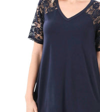Zenana - Lace Detail Short Sleeve V Neck Top