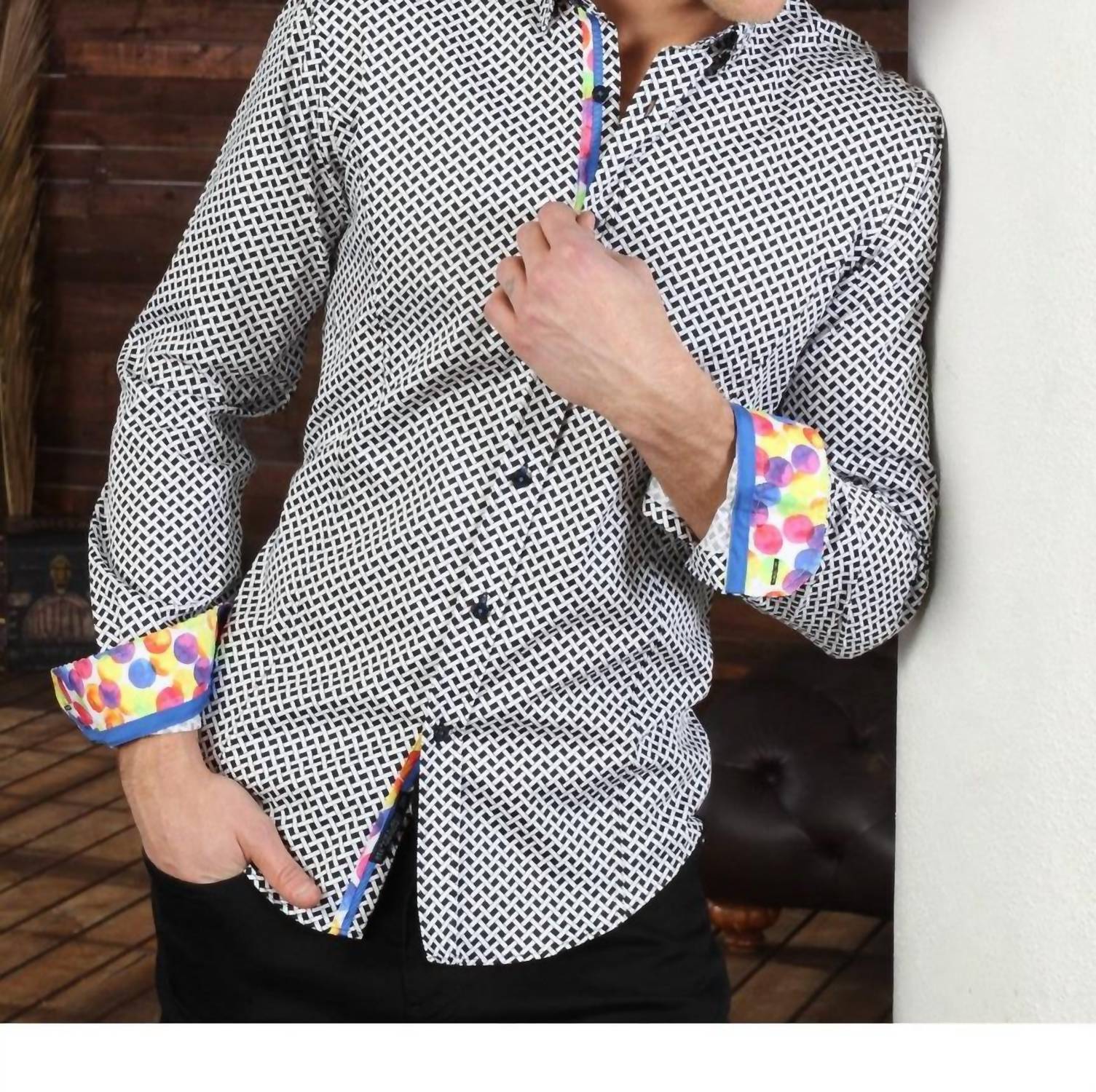 Eight X - Button Down Print Shirt With Colorful Dot Trim