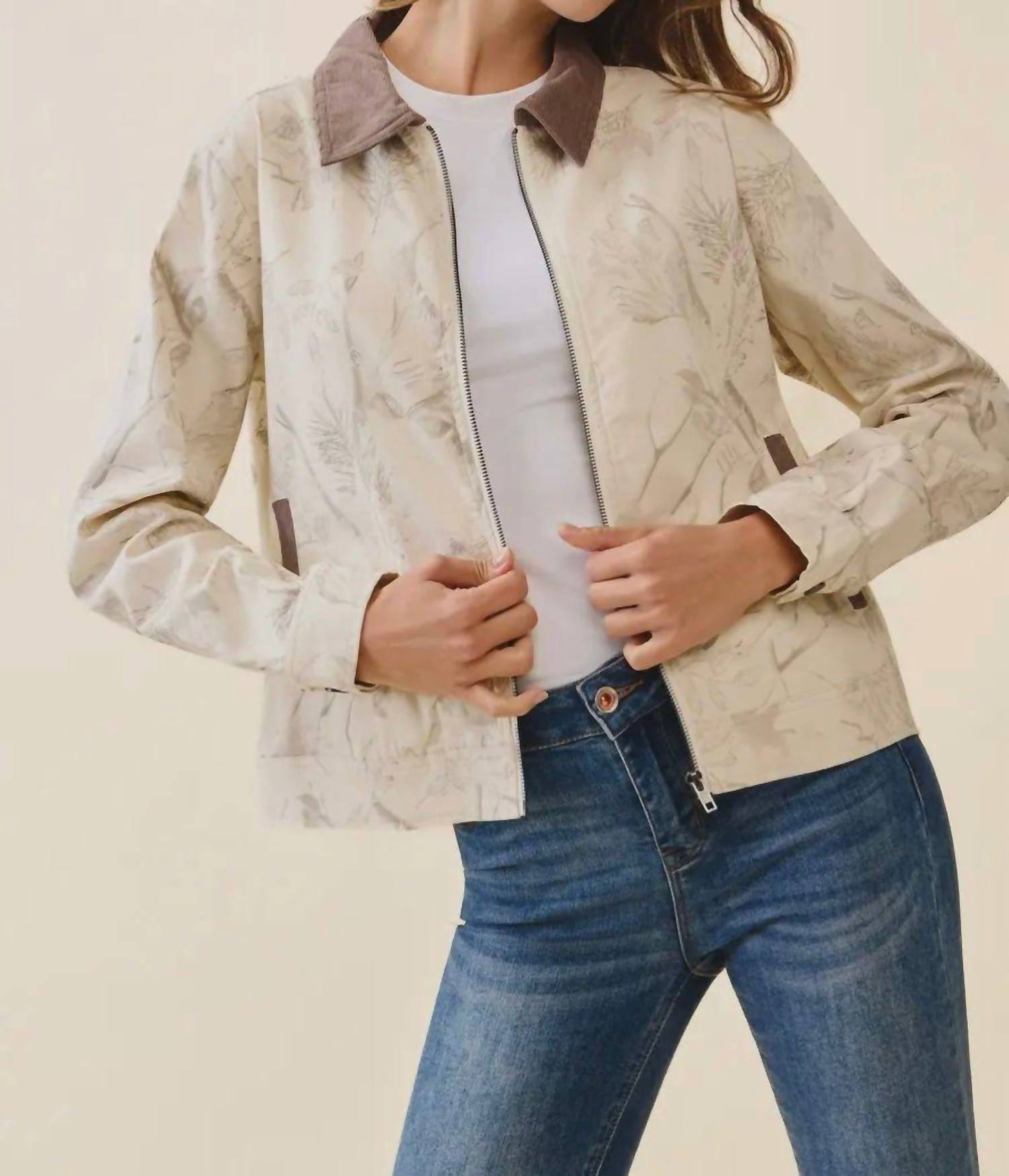 Tcec - Floral Print Corduroy Detail Jacket