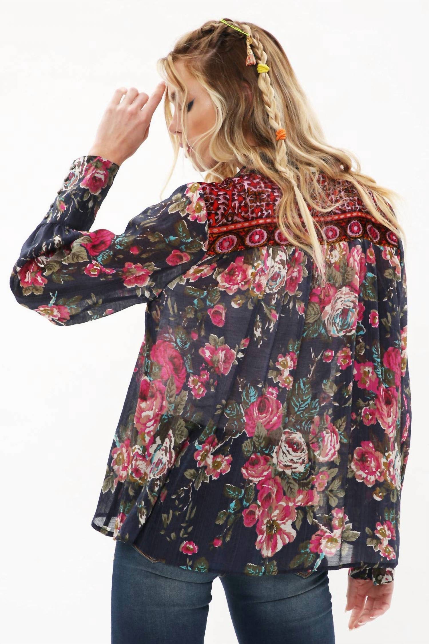 Aratta Diana Top in dark blue with red floral - women's blouse - alternate view