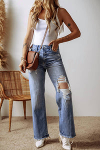 1 The Woman - Distressed Raw Hem Straight Leg High Waist Jeans