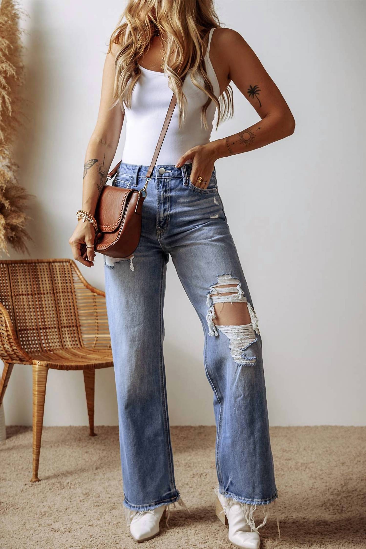 1 The Woman - Distressed Raw Hem Straight Leg High Waist Jeans