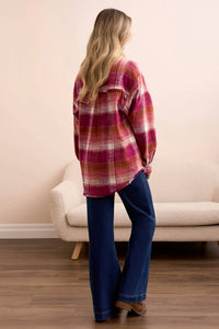 TRIBAL Oversized Flannel Fringed-Hem Shirt in plumwine - women's shirt - detail view