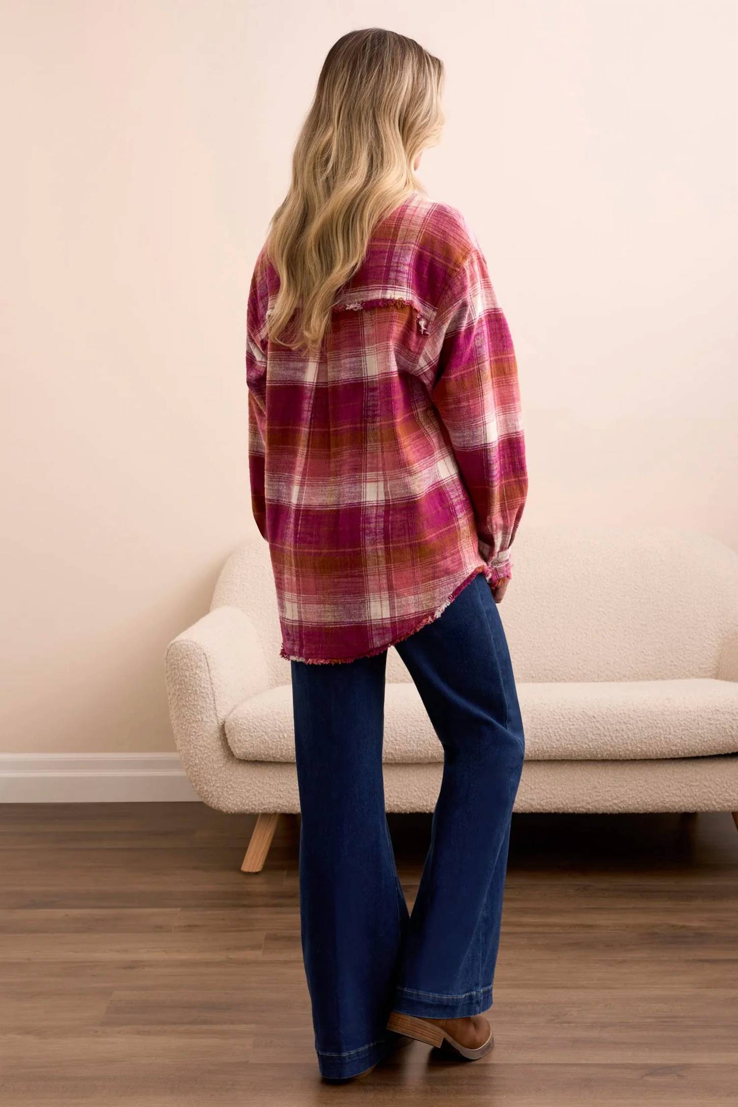 TRIBAL Oversized Flannel Fringed-Hem Shirt in plumwine - women's shirt - detail view