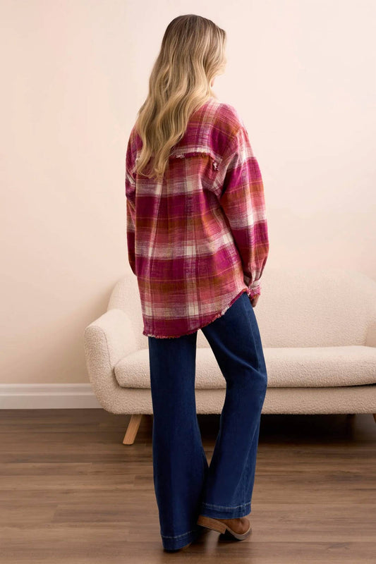 Tribal - Oversized Flannel Fringed-Hem Shirt