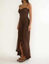 Blue Blush - Gathered Waist Frill Trim Maxi Dress