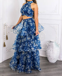 Surelymine - Tiered Ruffle Two-piece Set Halter Crop Top & Maxi Skirt